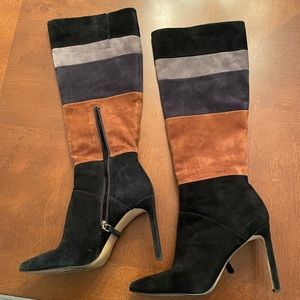 Suede color blocked knee-high boots